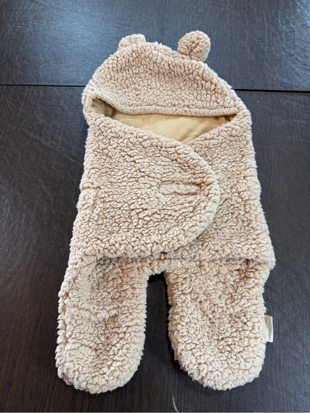XMWealthy Cozy Sherpa Baby Swaddle with Hood and Ears - Tan Sz 0-6M